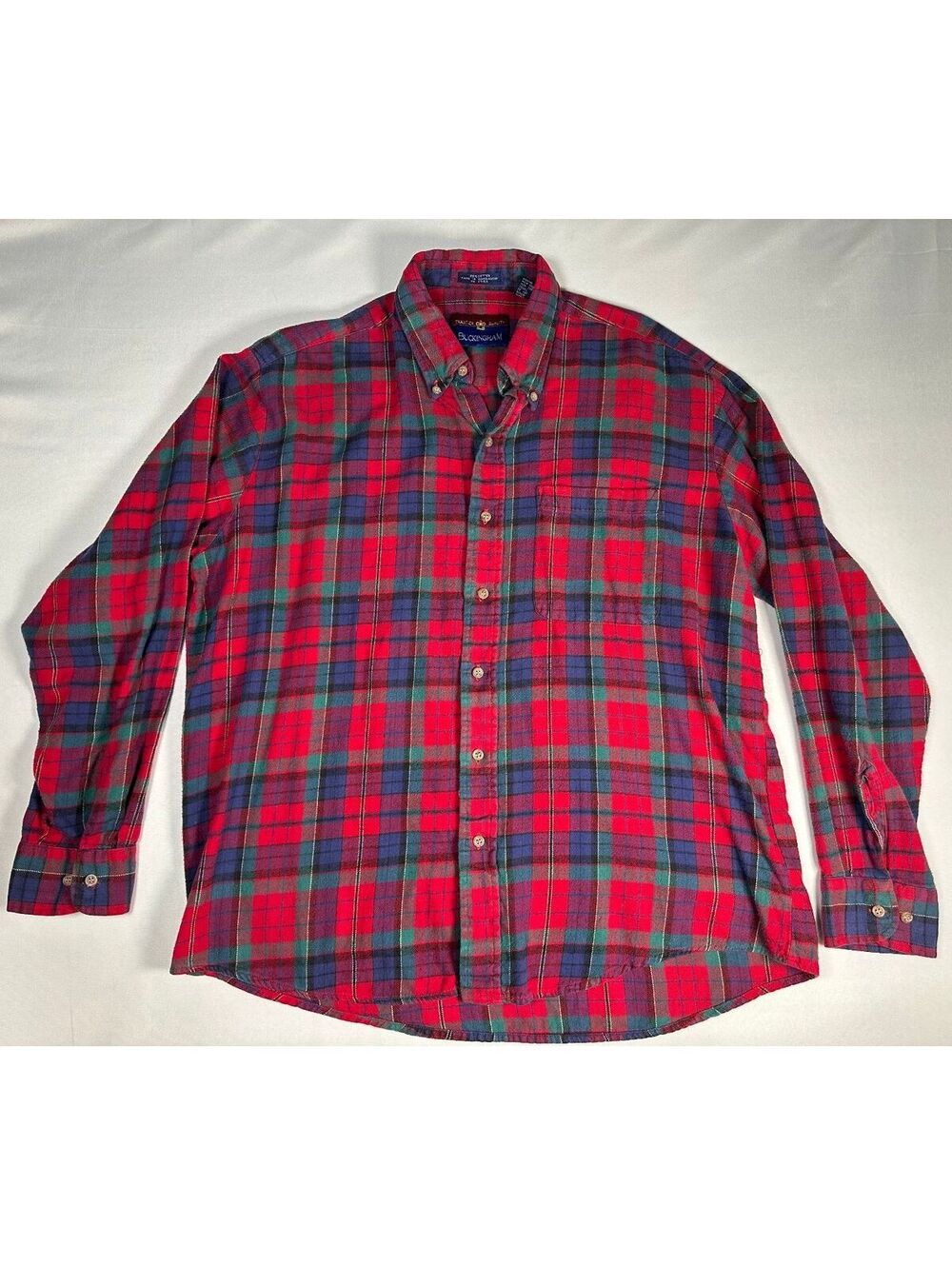 Vintage Buckingham Men's Large Red and Blue Plaid Cotton Button-Down Shirt